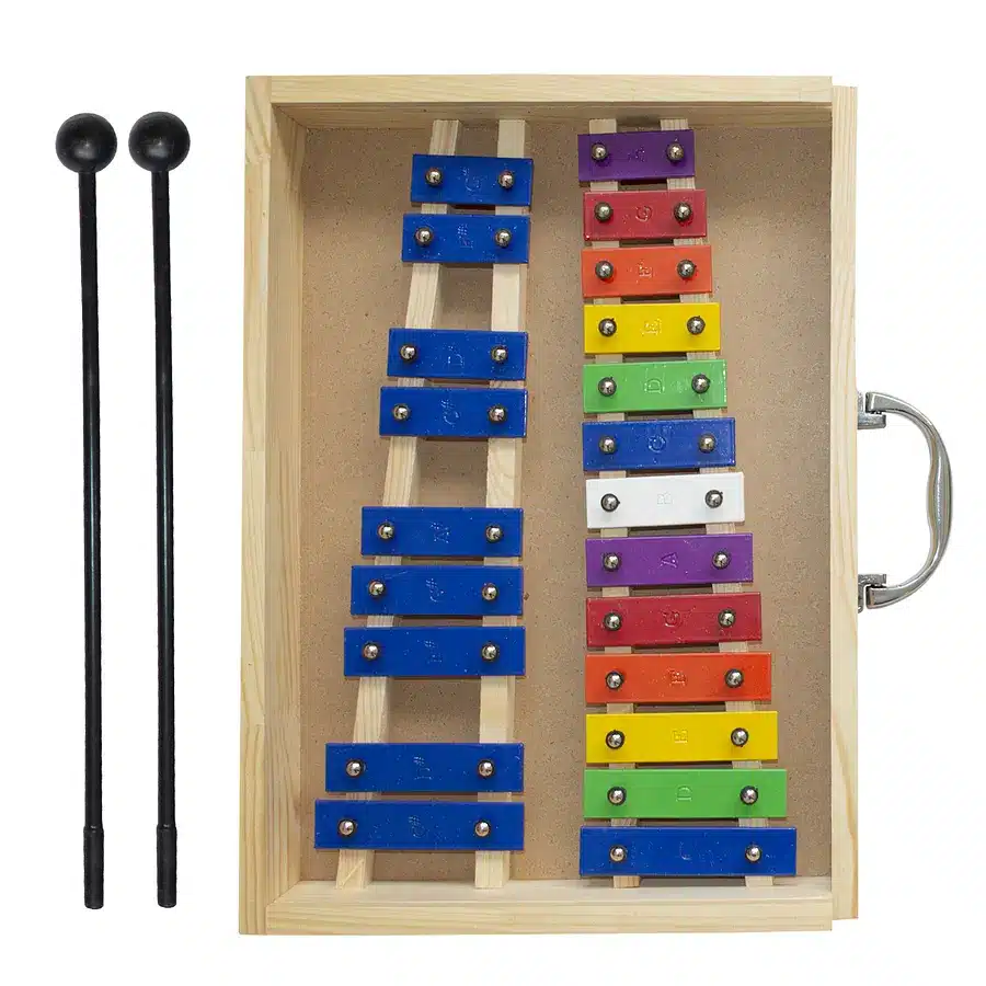 Metalófono cromático de 22 notas con barras de colores.